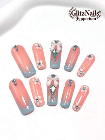 纯手工美甲10PCS3.3平方护甲可穿戴护甲纯手工法考混搭渐变手绘钻石贴纸魔镜粉色小碎花樱花工艺纯手工3D立体雕刻花形胶水蝴蝶结五角星工艺