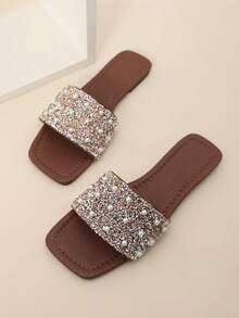 宽楦玻璃水钻装饰休闲时尚平底凉鞋，女士款，舒适透气，性感露趾设计，适合户外散步、度假、派对、宫廷风、可爱公主风，以及春夏穿搭。 - 棕色 - 查看 6