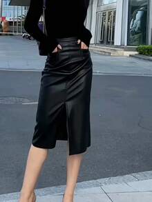 Jupe mini fendue moulante et serrée à la mode pour femmes - Noir - Voir 2