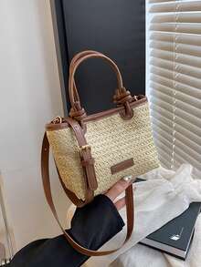 1Pc Summer Vacation Beach Bag, Pastoral Style Hand-Held Straw Bucket Bag For Women 2025 Spring New Style Niche Contrast Color Stylish Crossbody Woven Bag - Apricot - View 1