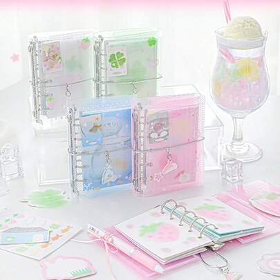  1 件 RosyPosy 迷你活页笔记本，便携式斜纹聚丙烯封面，多卡弹性装订日记本，带英语/日语/韩语选项，学校用品，返校