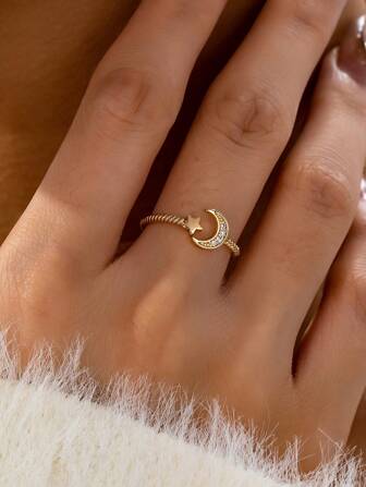 1 Pc Minimalist Zirconia Star Moon Ring For Women Pave Crystal Bling Bling Shining Rings Jewelry , Adjustable Free Size Ring