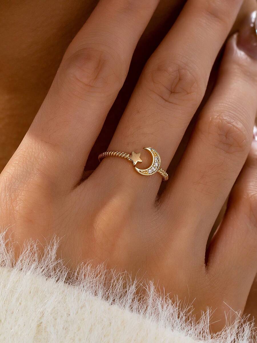 1pc Minimalist Zirconia Star & Moon Adjustable Ring, Women's Pave Crystal Shiny Jewelry Ring - Gold - View 1
