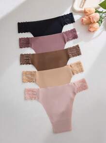 5pcs/Pack Women's Lace Patchwork Breathable Seamless Bikini Panties, Sexy & Comfortable