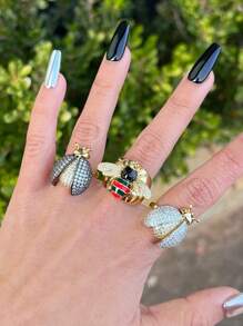 1 pieza Anillo ajustable abierto con adorno de strass con mariquita y abeja en estilo retro, adecuado para uso diario y de fiesta tanto para hombres como para mujeres