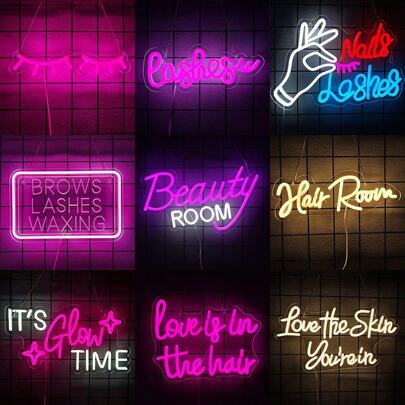 Cartel de luz de neón "Hora de brillar/Ama la piel que tienes/El amor está en el cabello", señal de iluminación LED para salón de belleza, salón de pestañas, decoración de pared para salón de belleza, peluquería y salón de uñas, adecuado para salones de belleza, tiendas de pestañas, salas de maquillaje, salones de uñas, comercios, estudios de salón, peluquerías, decoración de pared de salón, alimentado por USB 5V, con interruptor de control, fácil de instalar.