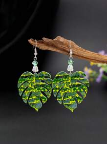 1 Pair New Fashion Acrylic Relievo Printing Yellow Green Turtle Back Bamboo Leaf Earrings For Women Aesthetic Casual Vacation Style 2025 Lightness Jewelry