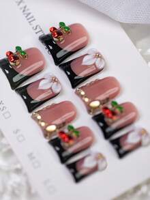 Bộ 10 móng tay giả ngắn hình mỏ vịt màu đen và đỏ Y2K, móng giả thủ công hình hoa 3D, thiết kế hoa trắng 3D, trang trí quả anh đào bóng, đính đá, nghệ thuật làm móng sang trọng và cao cấp, phù hợp cho sử dụng hàng ngày, giải trí, kỳ nghỉ, nơi làm việc, lễ hội, món quà không thể thiếu cho mùa hè, món quà tốt nhất dành cho phụ nữ và các cô gái. - Nhiều màu - Xem 7