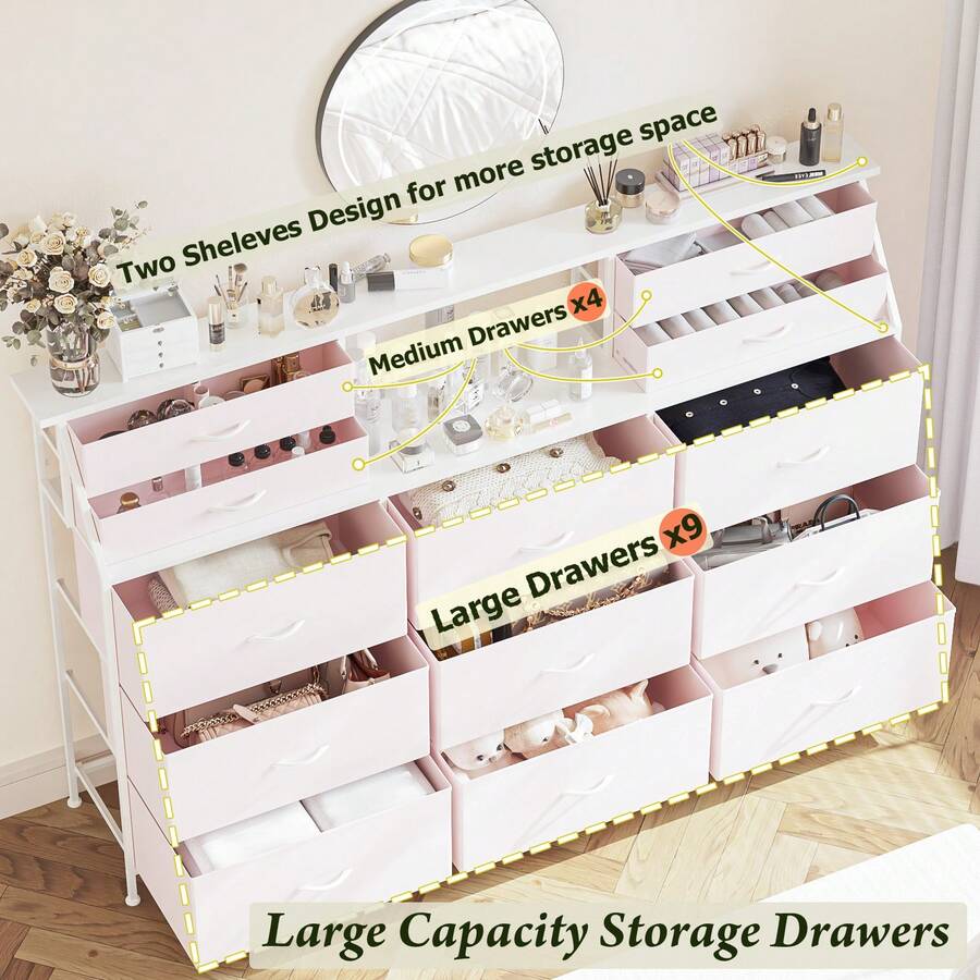 72" Extra Wide Bedroom Dresser With 13 Large Drawers & 2 Shelves, Fabric Design, Sturdy Metal Frame & Wood Top For Closet Organization