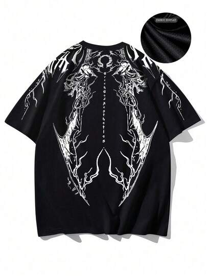 Camiseta de manga corta cuello redondo con estampado de calaveras y letras, para hombre de talla grande, informal, deportiva y de fitness, de material de poliéster