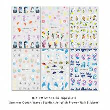 6 Pieces Of Summer Ocean Waves, Starfish, Jellyfish, Flower And Grass Nail Stickers, Disposable Self-Adhesive Nail Stickers, Female DIY Art Decoration Accessories
