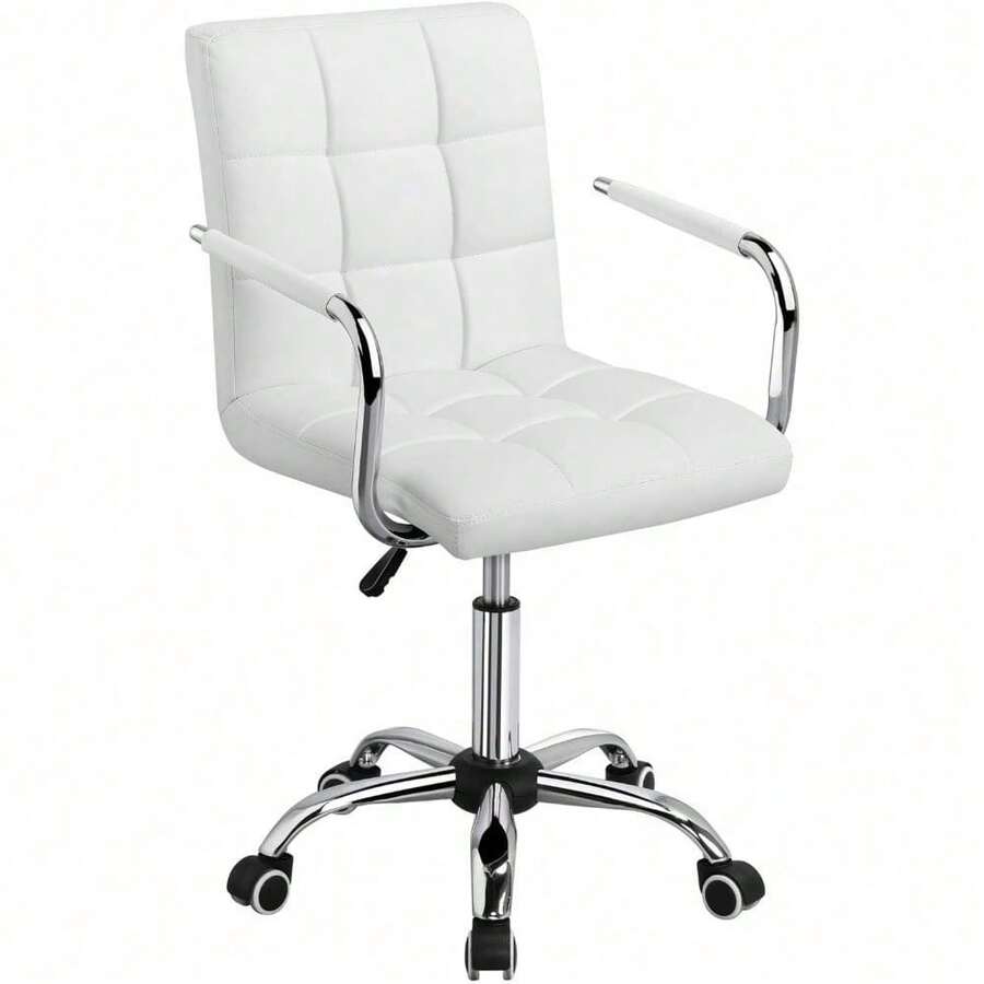 Adjustable Home Office Chair Leather Computer Desk Chair Mid Back Task Chair With Arms And Wheels For Study Or Work White - White - View 1