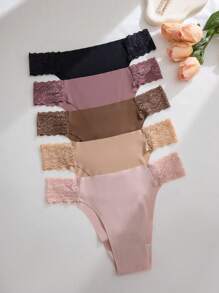 5pcs/Pack Women's Lace Patchwork Breathable Seamless Bikini Panties, Sexy & Comfortable