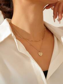 Nooxian 1pc Fashion Designed Heart & Letter E Rhinestone Multi-Layer Necklace (Random Clasp Ring & Bead Counts) - Yellow Gold - View 2