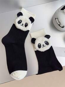 1 par de calcetines cortos/de media caña cómodos y lindos con etiqueta hecha a mano con diseño de cabeza de panda para niños/jóvenes - Negro - Ver 2