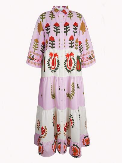 New Fashion Elegant Positioning Printing Loose Layered Stitching Long Shirt Women's Dress