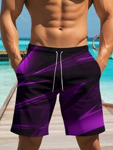 Men's Hawaiian Style 3D Print Casual Beach Shorts - Quick Dry, Drawstring Waist, Perfect For Summer Outings - Purple - View 6