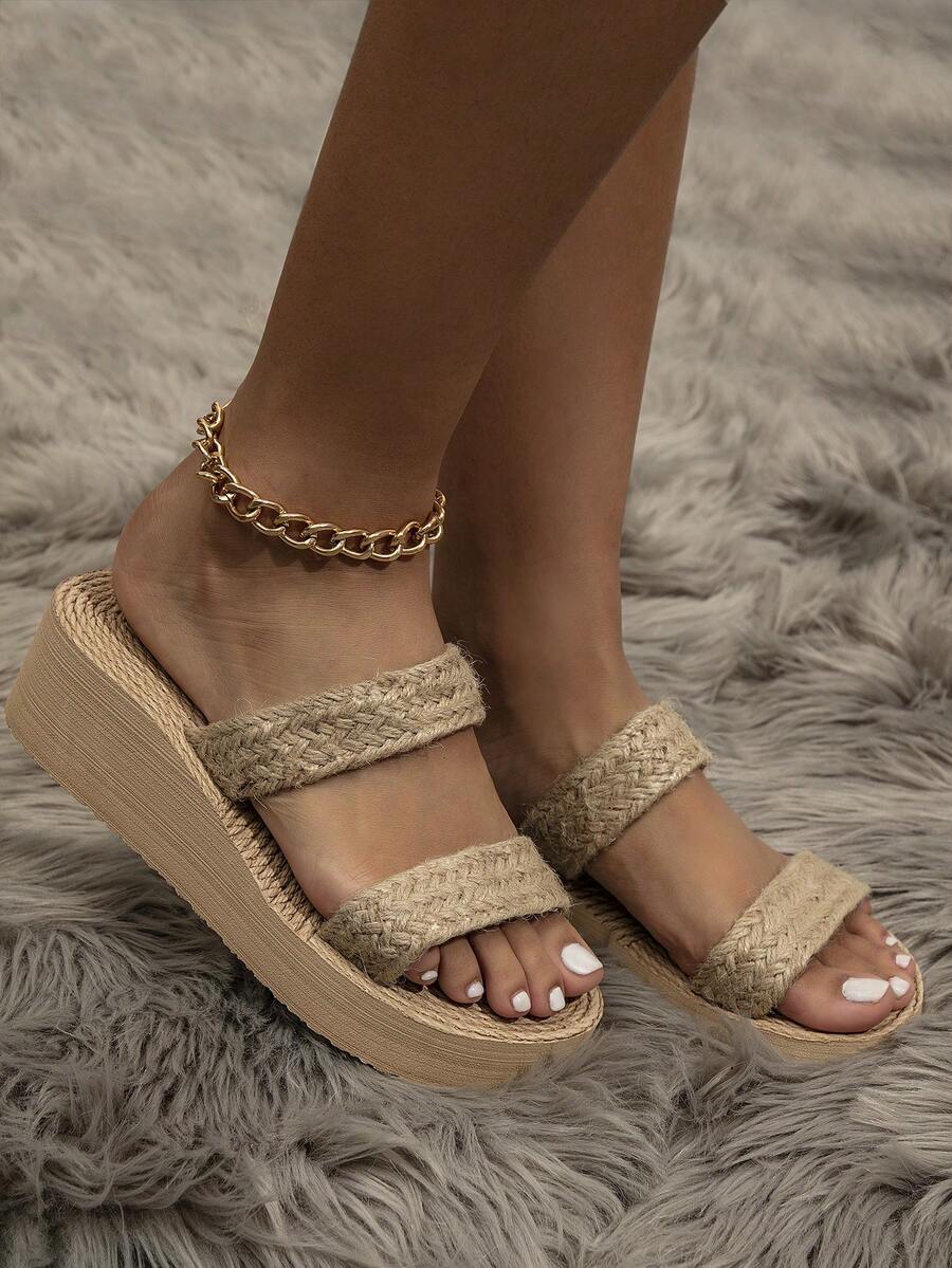 Women's New Summer Mule Sandals, Faux Linen Rope Sole Flat Sandals For Beach And Holiday - Khaki - View 1