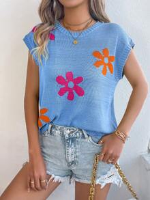 Spring And Summer Women's Casual Vacation Daily Cute Flower Drop Shoulder Loose Knitted Top - 藍色 - 查看 1