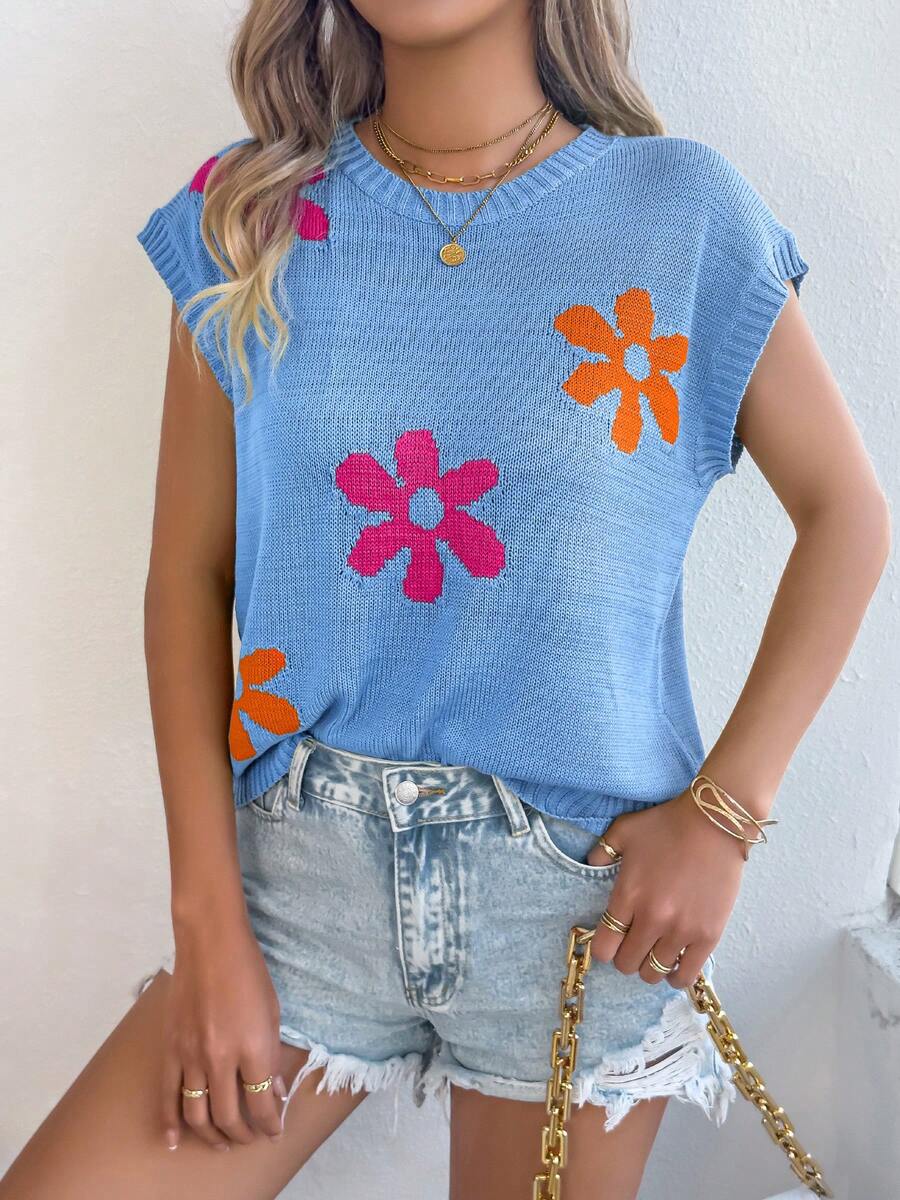 Spring And Summer Women's Casual Vacation Daily Cute Flower Drop Shoulder Loose Knitted Top - 藍色 - 查看 1