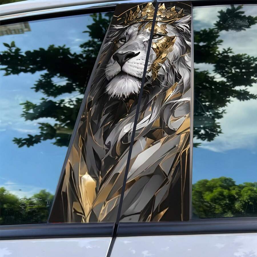 2 piezas Calcomanías de coche con diseño de león majestuoso - PVC, adhesivos duraderos para pilar de puerta y ventana trasera con diseño de animal noble, ideal para decoración y protección de vehículos, adhesivo para ventana de coche | Sofisticado adhesivo | Acabado brillante, calcomanías para coche - Multicolor - Ver 1