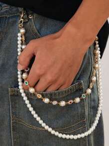 1pc Men's Double Layer Alloy Pants Chain, Faux Pearl & Rhinestone Floral Charm Chain, Suitable For Daily Wear And Parties