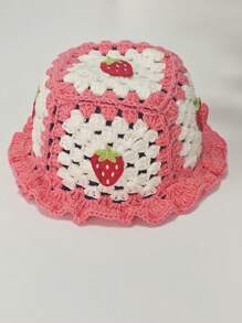 1pc Sweet Strawberry Decor Hand-Knitted Versatile Cap (Strawberry Accessory Position Is Random)