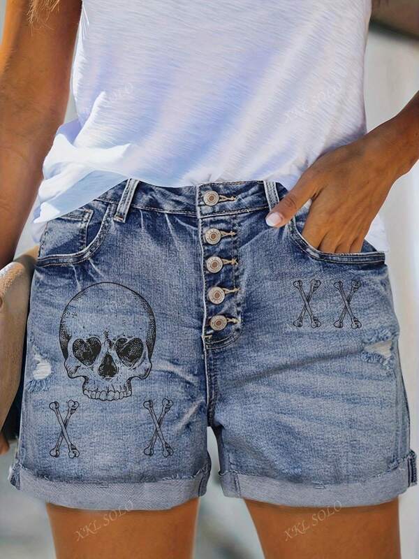 Women's Elastic Multi-Button Distressed Punk Style Printed Shorts