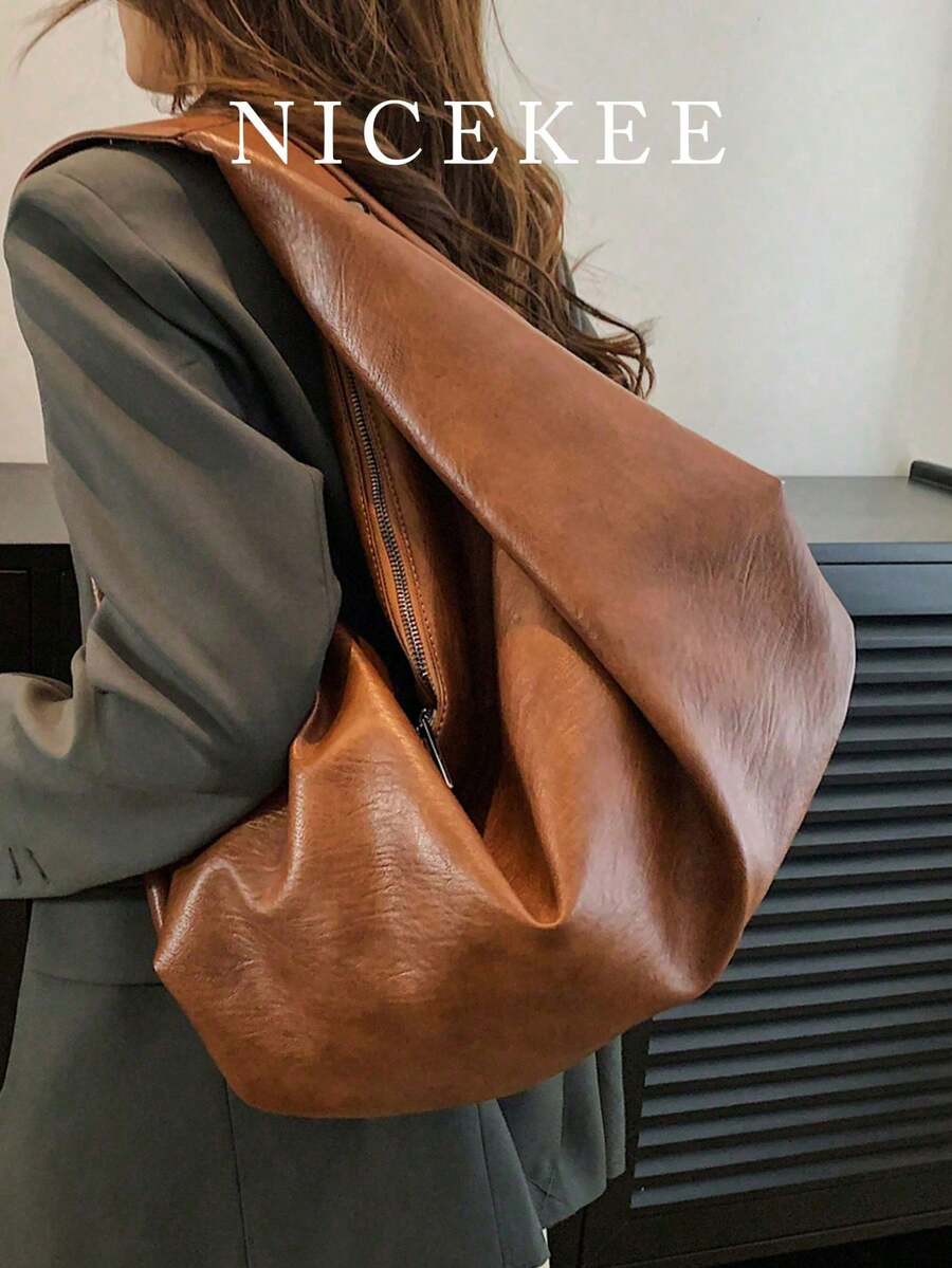 Fashionable, Simple And Soft Artificial Leather Large Capacity Shoulder Bag, Can Be Used As A Handbag, Suitable For Shopping And Commuting. - Brown - View 1