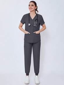 (Four-Piece Set) Scrubs Uniform Women's Running Matte Elastic Sports Nurse  Uniform Wash Clothes Work Clothes Breathable Scrub Shirt - 藍色 - 查看 5