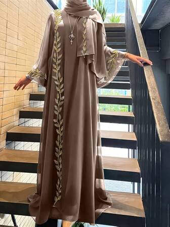 Conjunto de 2 piezas, estilo de moda callejera, bata bordada larga + pañuelo de cabeza