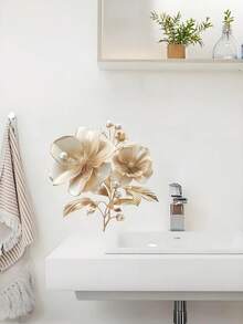 1pc 3D Gold Flower Toilet Lid Sticker, WC Pedestal Pan Cover Decal, Waterproof Mural Art For Bathroom Vinyl Decal, Decorative For Bathroom, Bathroom Decor, Removable Sticker Festival Decoration Rama, Spring Decoration Items Refresh Your Home, Festival Decoration Stickers