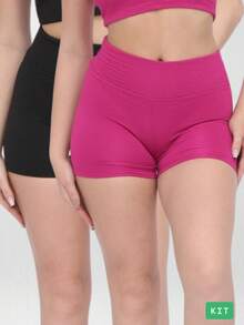 Kit 2 Short Canelado Feminino Roupa Academia Fitness Esportivo para Treino - Fúcsia - Visão 2