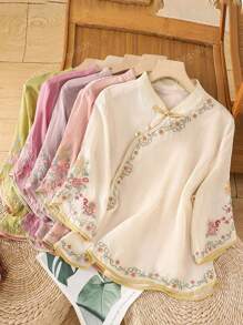 JIANHU Camicetta ampia ed elegante con collo alto, ricamata, con design moderno di bottoni cinesi, versatile per primavera ed estate