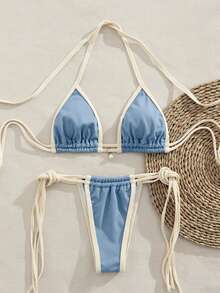 Ladies New European & American Style Bikini Set Set, Bikini Top And Bottom Vacation Beach Summer - Dusty Blue - View 3