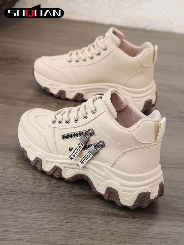 1 Pair Women's White Leather Casual Sneakers, 2025 Spring/Autumn New Style, Side Zipper Decor, Comfortable & Fashionable Versatile, Plus Size 35-44, Suitable For Outdoor Sports & Daily Wear