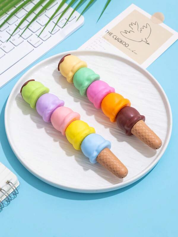 Cute Multicolor Ice Cream Fluorescent Highlighter Pen, Suitable For Children, Teenagers, Adults, Schools, Offices, Gifts, Soft & Versatile Desk Stationery