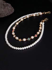 1pc Men's Double Layer Alloy Pants Chain, Faux Pearl & Rhinestone Floral Charm Chain, Suitable For Daily Wear And Parties