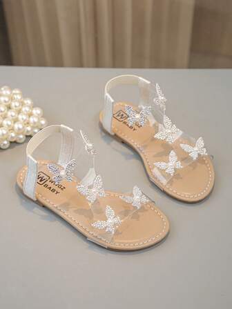 1 par fashionabla, glänsande och vackra strass genomskinliga platta sandaler med fjärilsdekoration, felik stil, mycket lämplig för sommarkläder