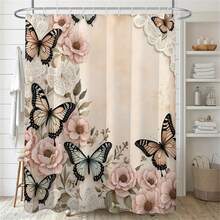 1 pieza Cortina de ducha con estampado de mariposa rosa - 100% tela de poliéster, lavable a máquina, decoración de baño para todas las estaciones, patrón vibrante de flores y mariposas, adecuado para baños modernos, fácil instalación, accesorio de baño de otoño, esencial para volver al colegio - Multicolor - Ver 2
