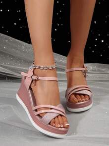 Sandales compensées à brides croisées et ouvertes à paillettes or rose pour femmes grandes tailles. Chaussures de plage décontractées et à la mode pour l'été, essentielles pour les voyages - Or rose - Voir 4