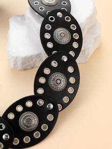 1 件黑色蛇皮纹 PU 椭圆形扣时尚腰带，金属椭圆，波西米亚风格，适合秋季、秋季、万圣节日常穿着 - 黑色 - 查看 6