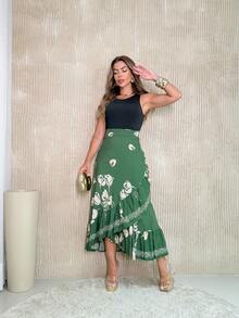 Saia Feminina Envelope Estampada - Verde - Visão 1