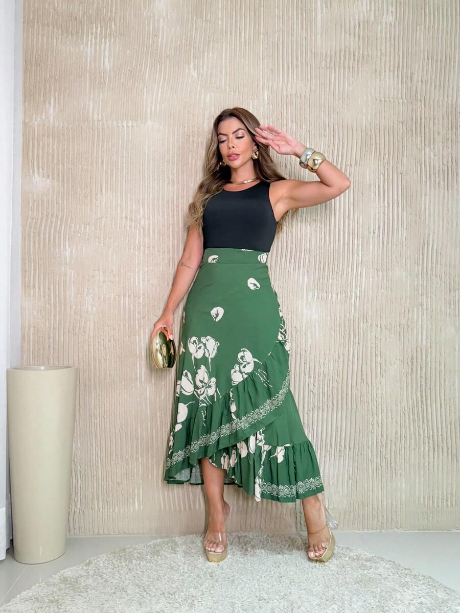 Saia Feminina Envelope Estampada - Verde - Visão 1
