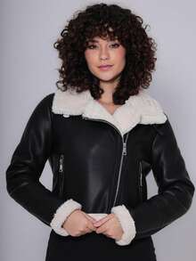 Women's Furry Leather Jacket, Elegant Ladies Party Casual Cowhide Leather Jacket - 黑色 - 查看 1