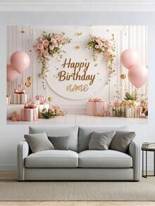 1 pièce Bannière d'anniversaire élégante avec fleurs et texte personnalisable en or rose - en polyester, réutilisable sans alimentation électrique, convient pour photobooth, décors de fond, célébrations intérieures et extérieures, décorations de fête polyvalentes pour toutes les occasions, trois tailles au choix ! Multi-fonctionnel, ornemental, lettrage, élégant, moderne, coloré, mignon, décontracté, personnalisé, unique, cadeau idéal pour lui ou elle