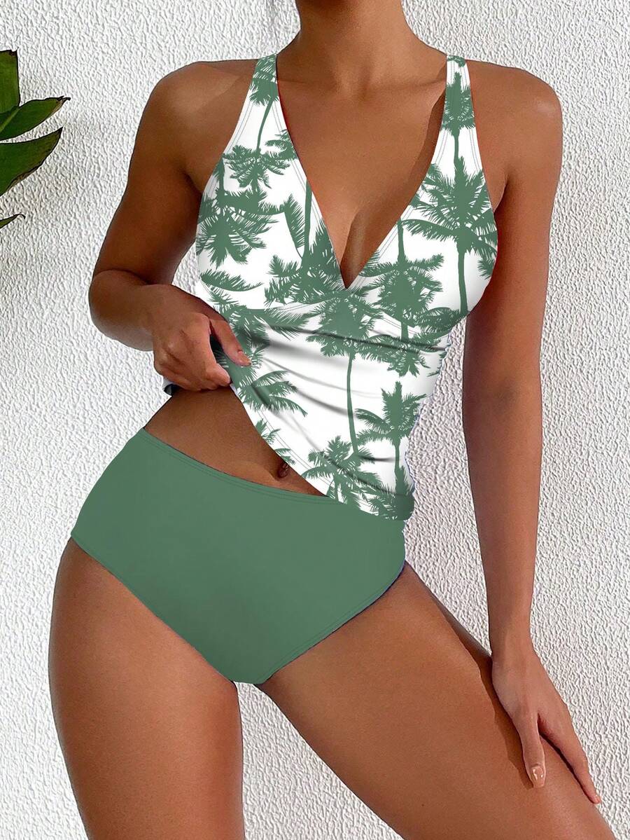 夏季Tankini两件套泳衣，欧美新款设计，收腹套装，吊带碎花性感沙滩度假休闲高腰三角泳衣 - 彩色 - 查看 1