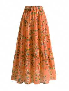 EARO 女士雪纺花卉褶皱 A 字裙，高腰宽松优雅度假休闲装，春秋季