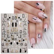 6 Pieces Of Black And White Hot Stamping Simple Geometric Lines French Nail Art Stickers Disposable Self-Adhesive Backing Adhesive Women DIY Art Decoration Accessories Nail Stickers