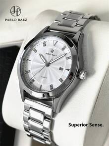 PABLO RAEZ 1pc Stainless Steel Men's Watch Black Suit Gentleman Wristwatch Top Brand New Luxury 50M Water Resistant Silver Color Jewelry Non Tarnish Simple Calendar Clock Men's Solid Bracelet Steel Chain Quartz Watch Fashion Diamond Scale High Level Business Wristwatch For Daliy Use Luminous Hand Gift For Father Or Male Friends Birthday Graduation Wedding Presents